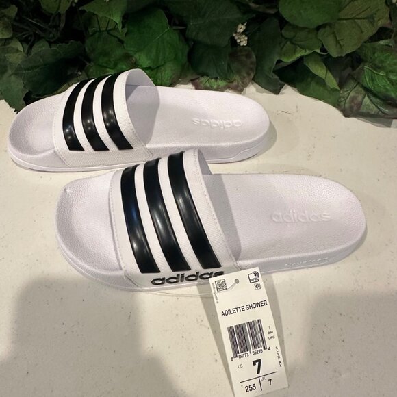Adidas Adilette Shower Slides White & Black Slip-On Sandals Size 7 Comfortable L - Picture 1 of 6